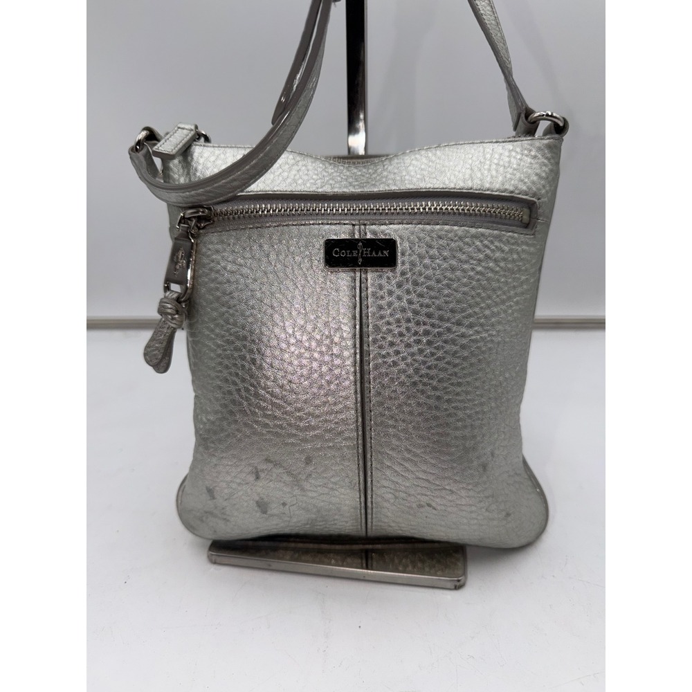 Cole Haan Silver Metallic Pebbled Leather Crossbody Bag Small Zip Purse